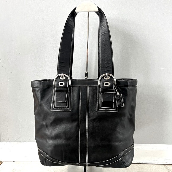 Coach Soho Black Leather Tote Shoulder Bag Contrast Stitching #F11093